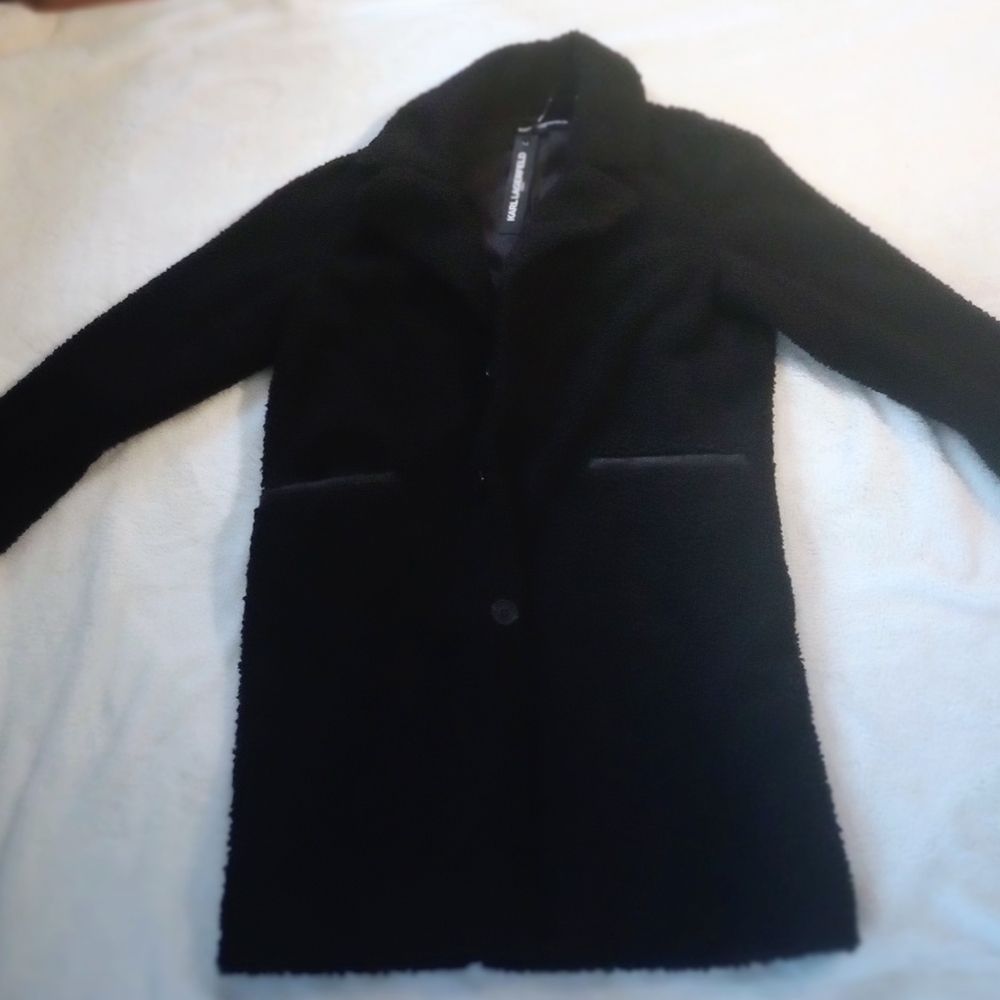 NWT Carl Lagerfield Paris Black Sherpa Coat Size M Water Resistant Notch Lapel